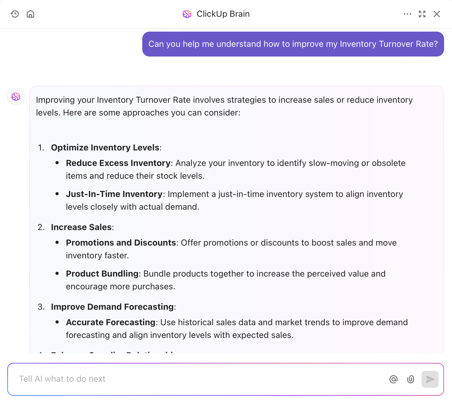 Use ClickUp Brain to analyze inventory data and get actionable insights